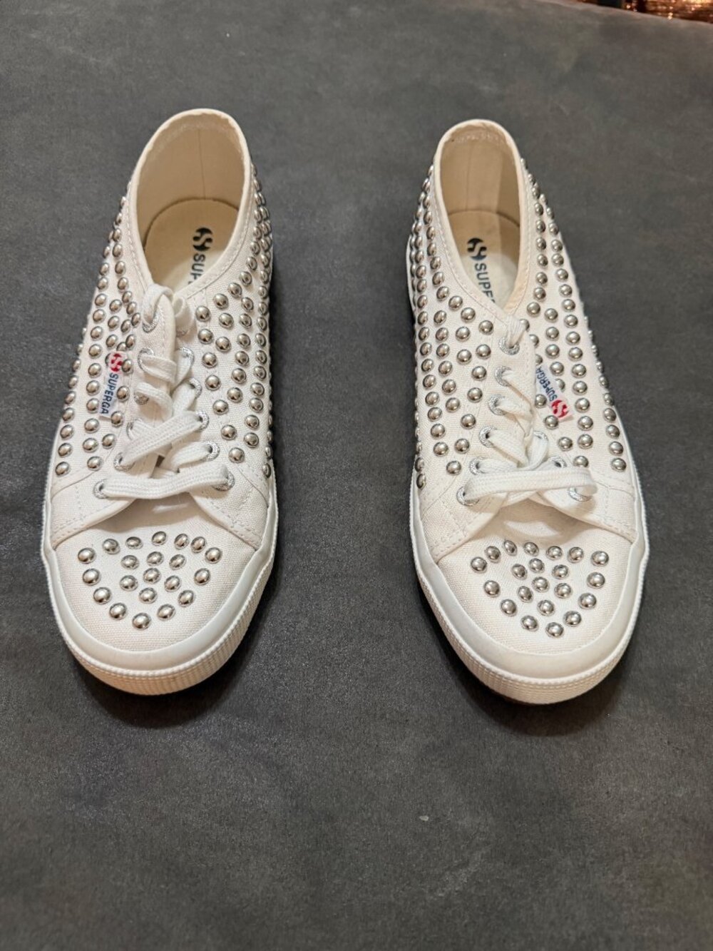 Superga White Canvas Sneakers With Silver Studded Detailing Womens Lace-Up Casua